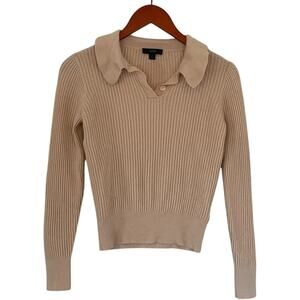 J. Crew Tan, Beige Ruffle Collar Ribbed Merino Wool Sweater, Size Small